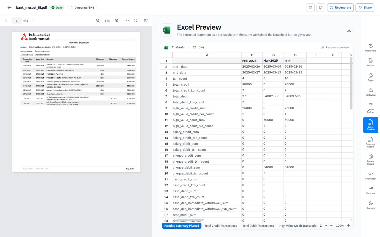Split view with the original Bank Muscat statement on the left and the extracted multi-sheet Excel workbook on the right