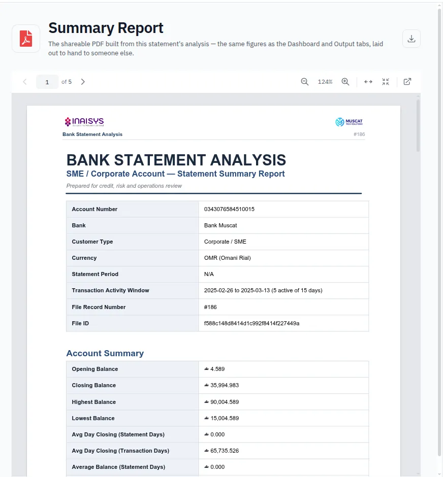 Shareable PDF summary report with account details, opening and closing balances, highest and lowest balances