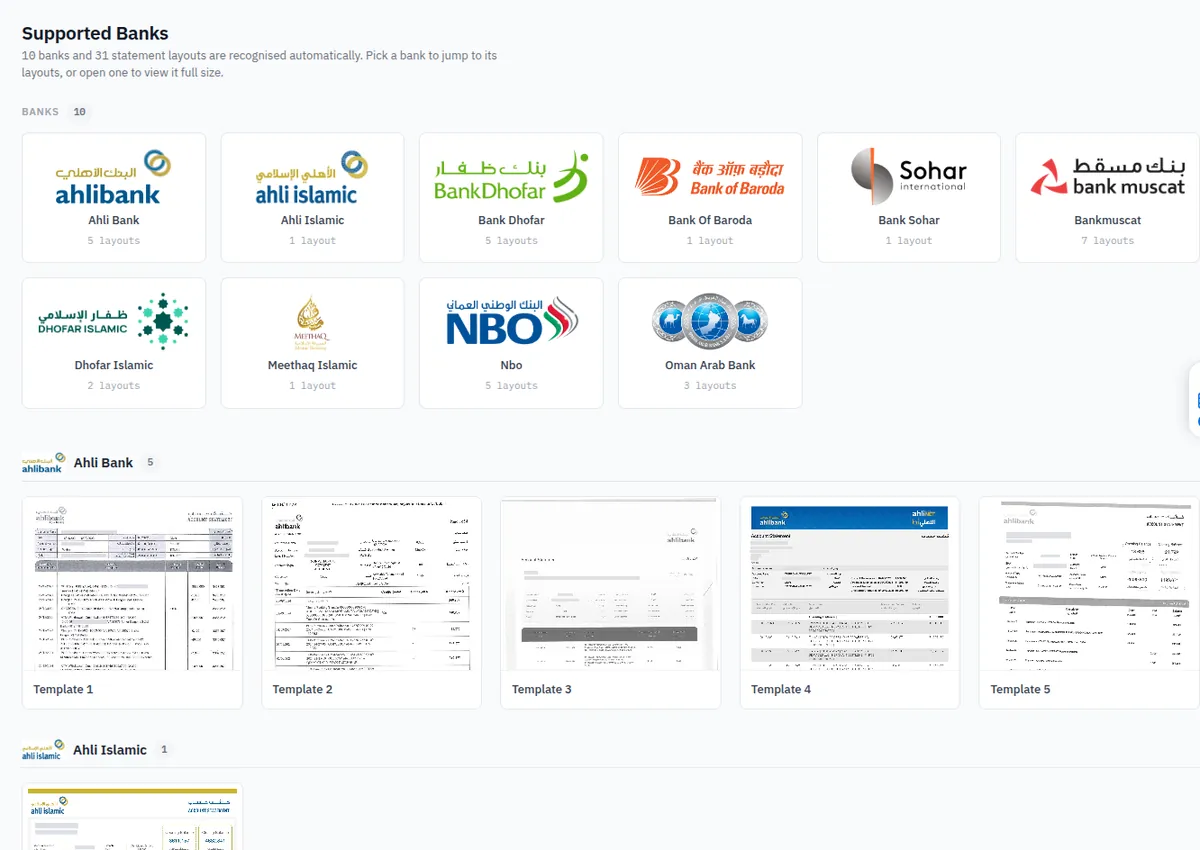 Supported banks grid including Ahli Bank, Bank Dhofar, Bank of Baroda, Bank Sohar, Bank Muscat, NBO and Oman Arab Bank with their recognised statement layouts